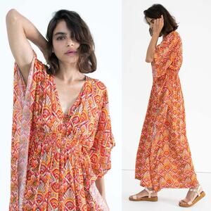 Rujuta Sheth Marie Cinch Kaftan Seashell Print Maxi Dress Sz M/L Resort Cover Up